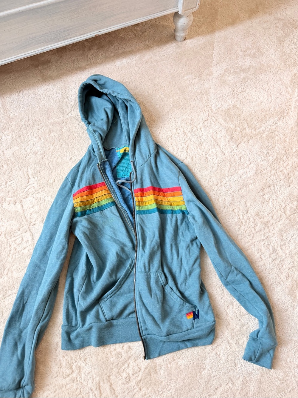 Aviator Nation Light Blue Zip Hoodie with Rainbow Chest Stripes - Picture 2 of 6
